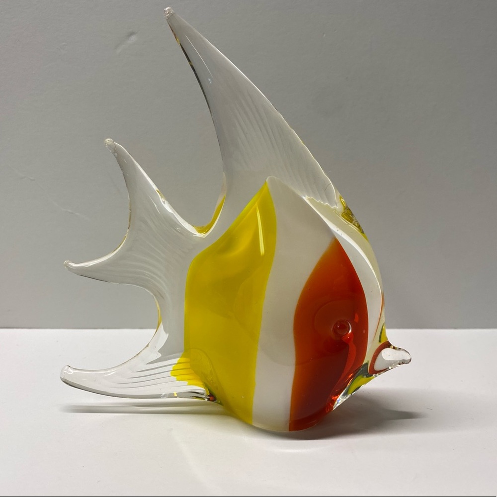 Murano Style Art Glass Angelfish Paperweight Yellow Orange And White 5"